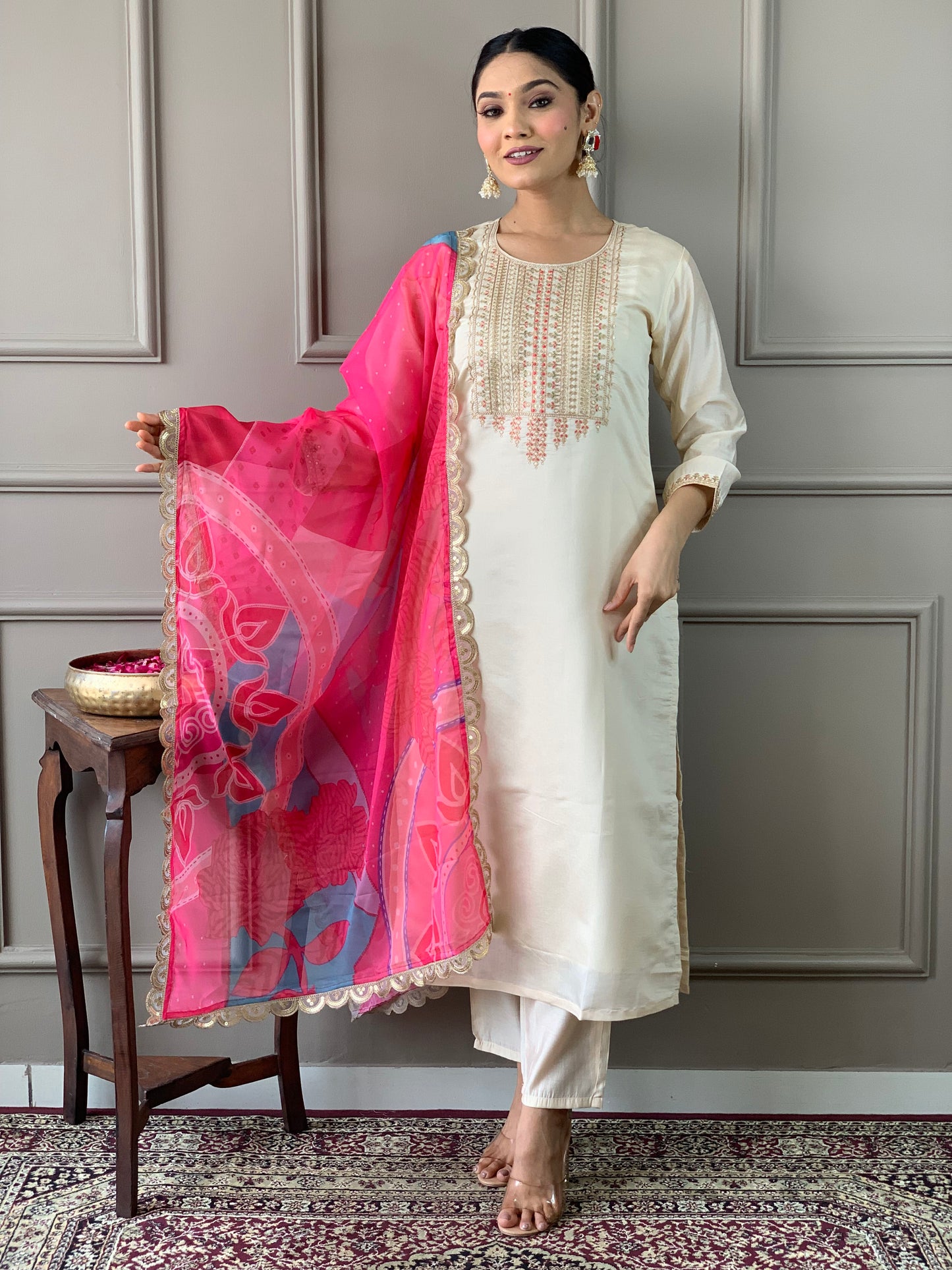 Women’s Viscose Chanderi Kurti Set with Embroidered Nylon Taby Dupatta & Pant – Designer Round Neck, Knee Length