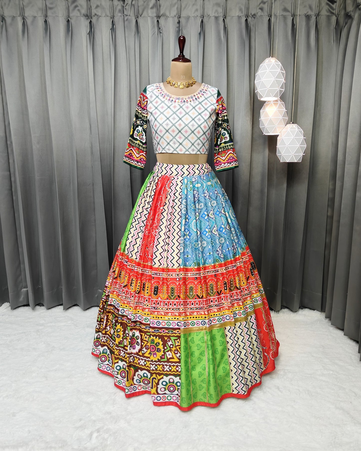 Twirl-Ready Butter Silk Lehenga for Navratri – Real Mirror & Print Work
