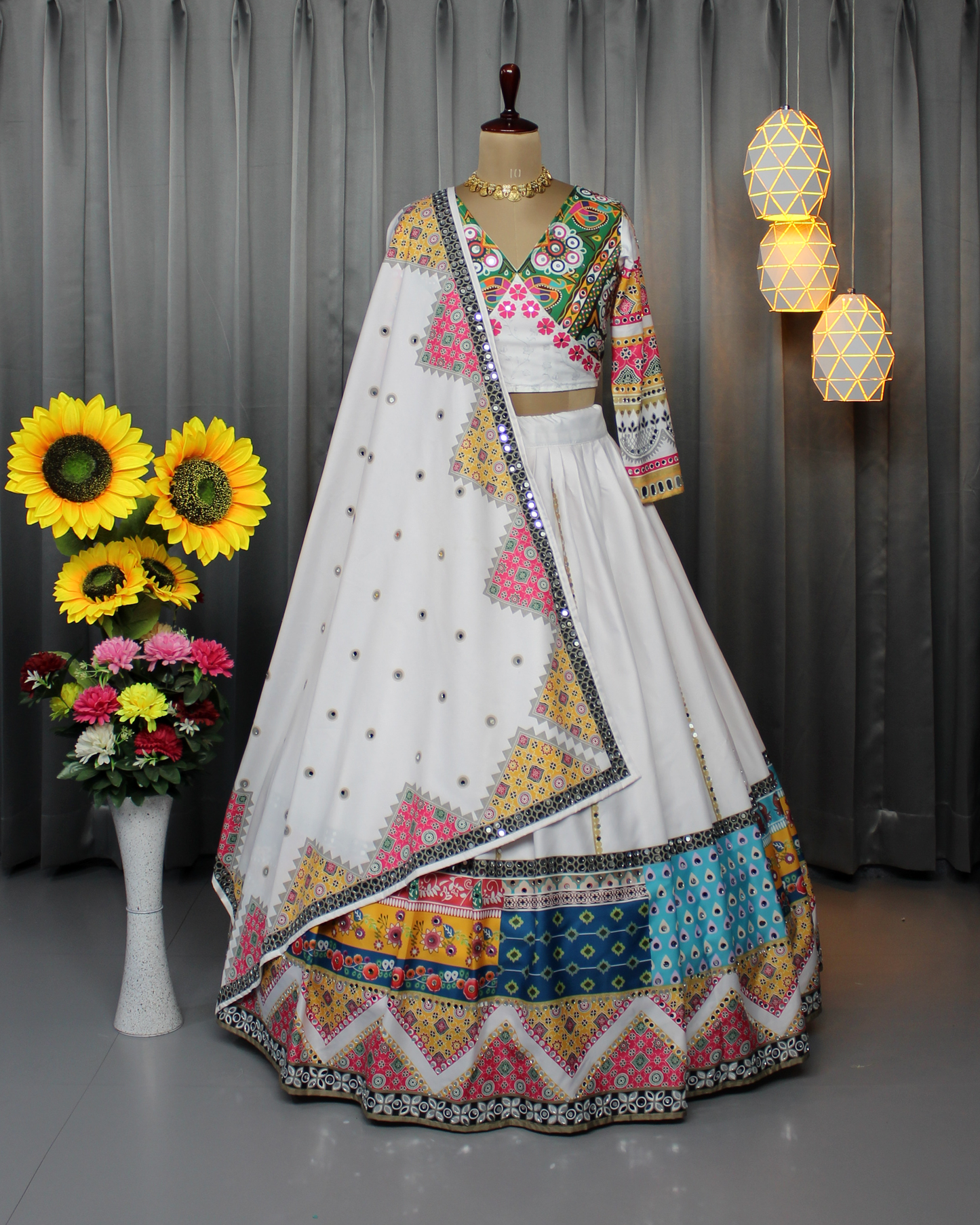 Butter Silk Navratri Lehenga Choli Set – Stitched with Real Mirror & Print Work | With Dupatta
