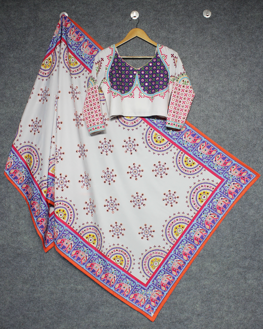 Butter Silk Lehenga Choli Set for Women – Stitched with Real Mirror & Fancy Print Work
