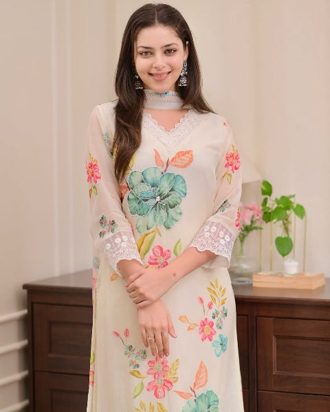 Women's Nylon Taby Embroidered Kurta with Viscose Pant & Dupatta | Readymade 3-Piece Suit Set | Elegant & Comfortable Ethnic Wear for Festive, Casual & Semi-Formal Use