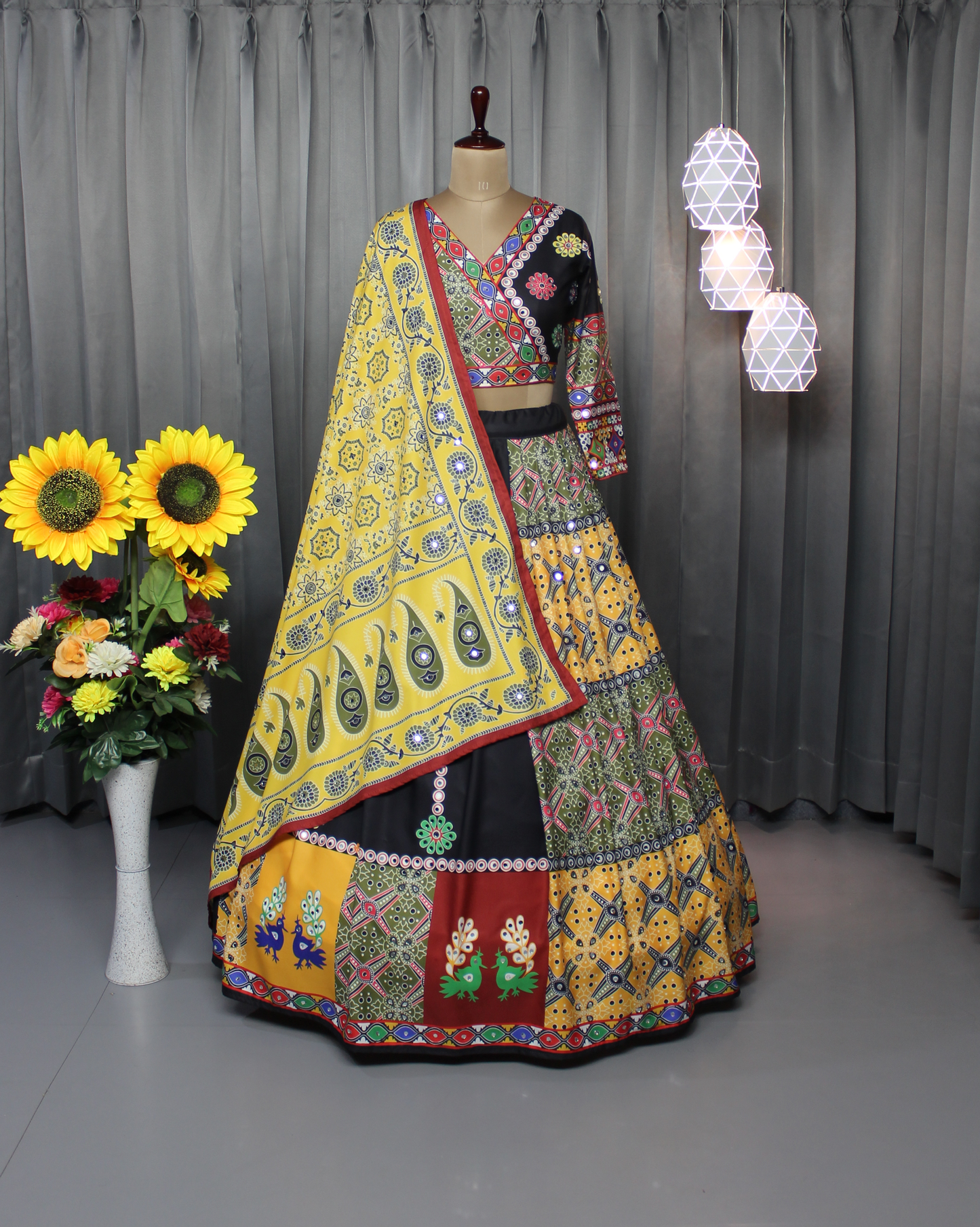 Women’s Stitched Butter Silk Lehenga Choli – Real Mirror Work & Digital Print | Navratri Special