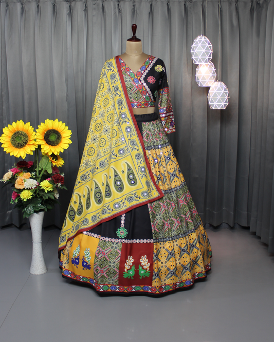 Women’s Stitched Butter Silk Lehenga Choli – Real Mirror Work & Digital Print | Navratri Special