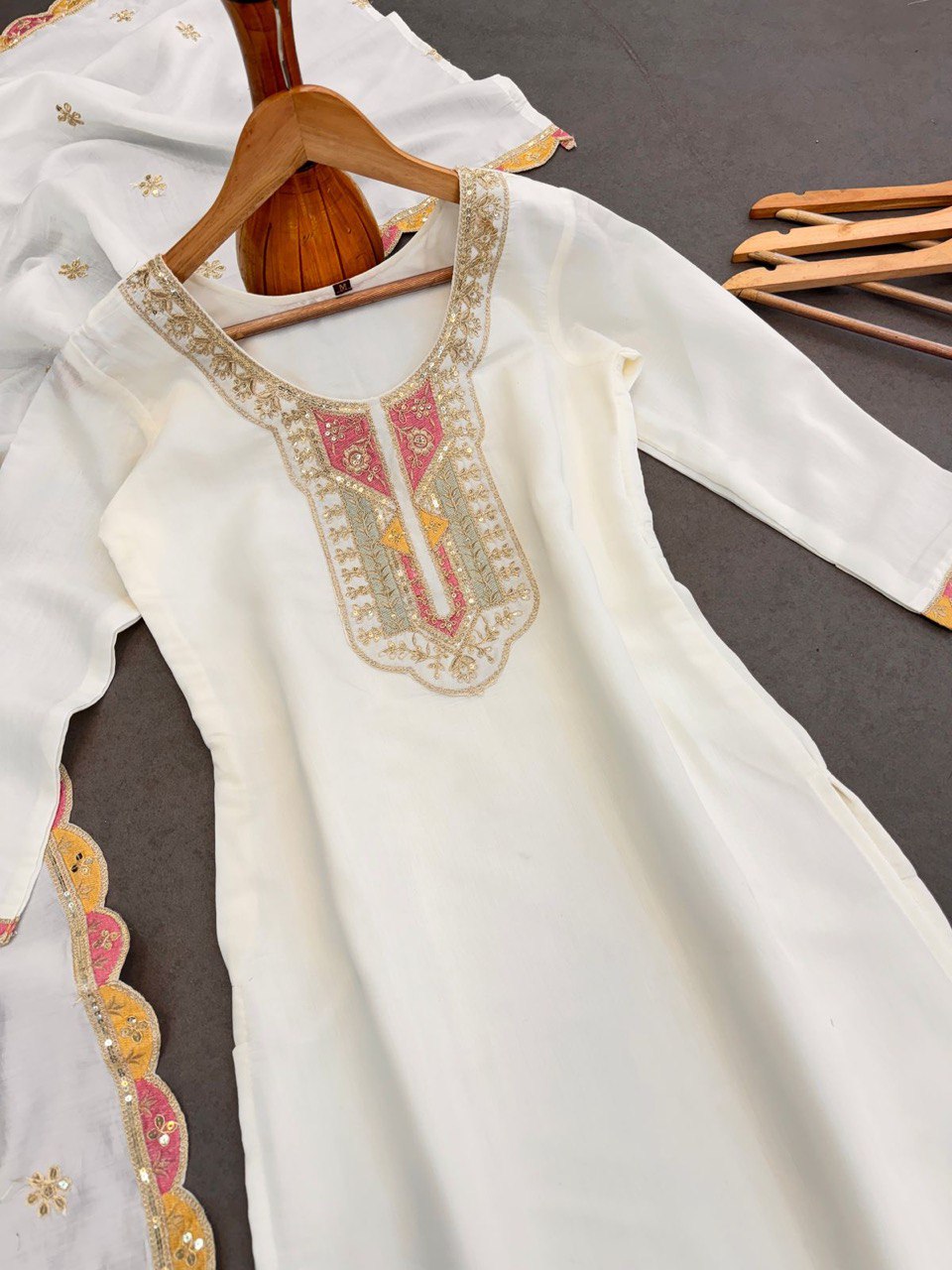 Elegant Heavy Roman Silk Suit Set with Embroidery & Matching Dupatta | Ready to Wear