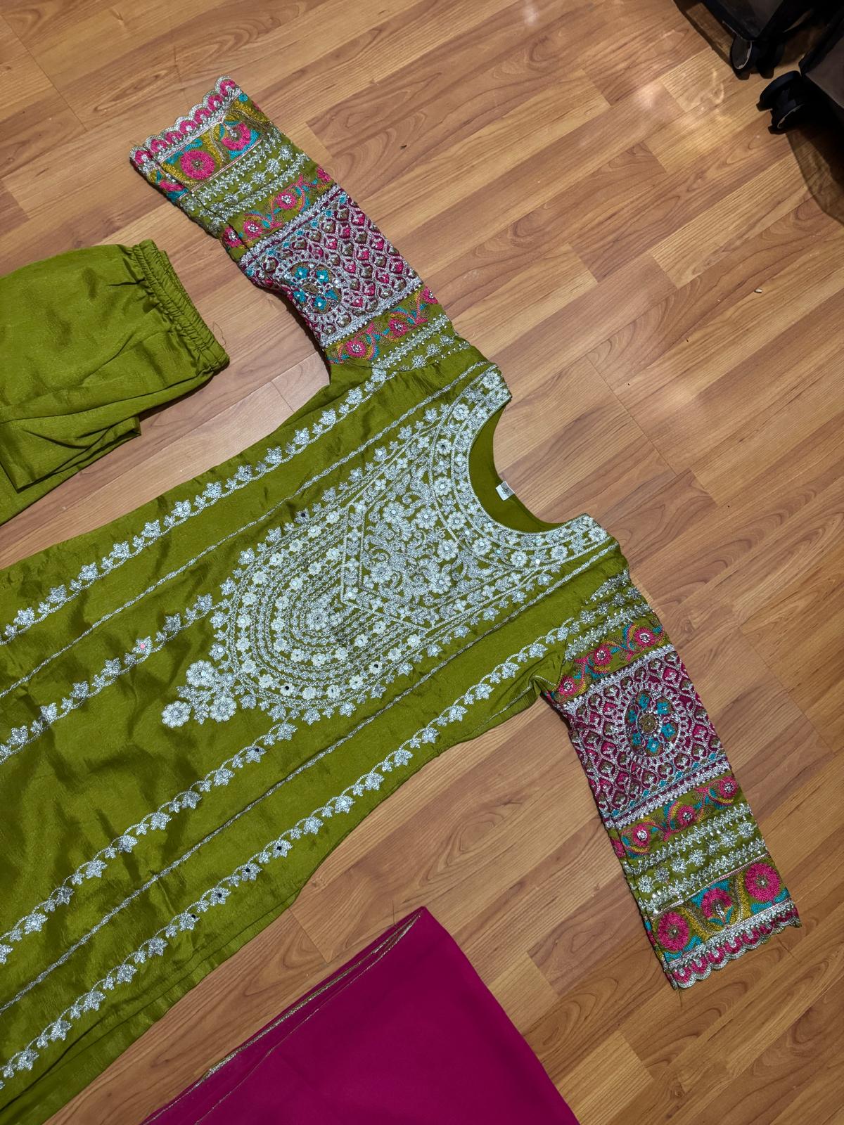 Women’s Green Embroidered Chinnon Kurta Pant Set with Dupatta | Fully Stitched Ethnic Wear | Festive & Party Outfit