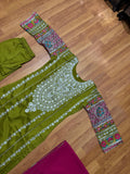 Women’s Green Embroidered Chinnon Kurta Pant Set with Dupatta | Fully Stitched Ethnic Wear | Festive & Party Outfit