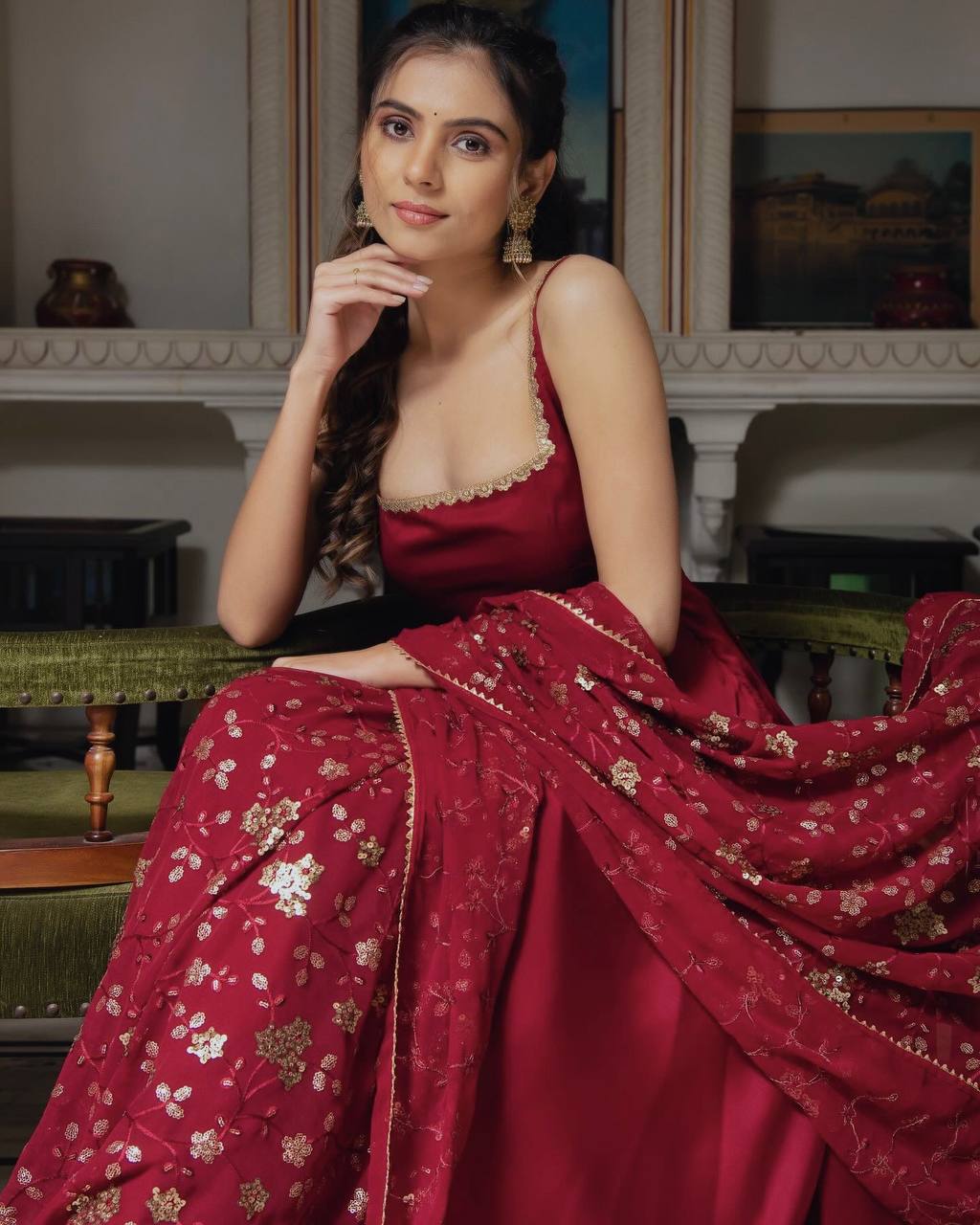 Party Wear Fully Stitched Outfit for Designer Heavy Faux Georgette Gown Set with Embroidered Dupatta & Bottom
