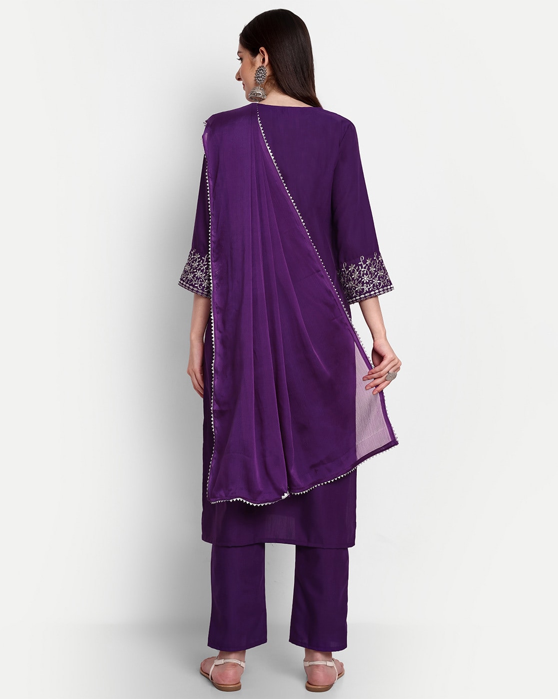 Chic Rayon Slub Kurti Set with Embroidered Pure Chinon Dupatta & Pant – Designer V Neck Knee-Length Style