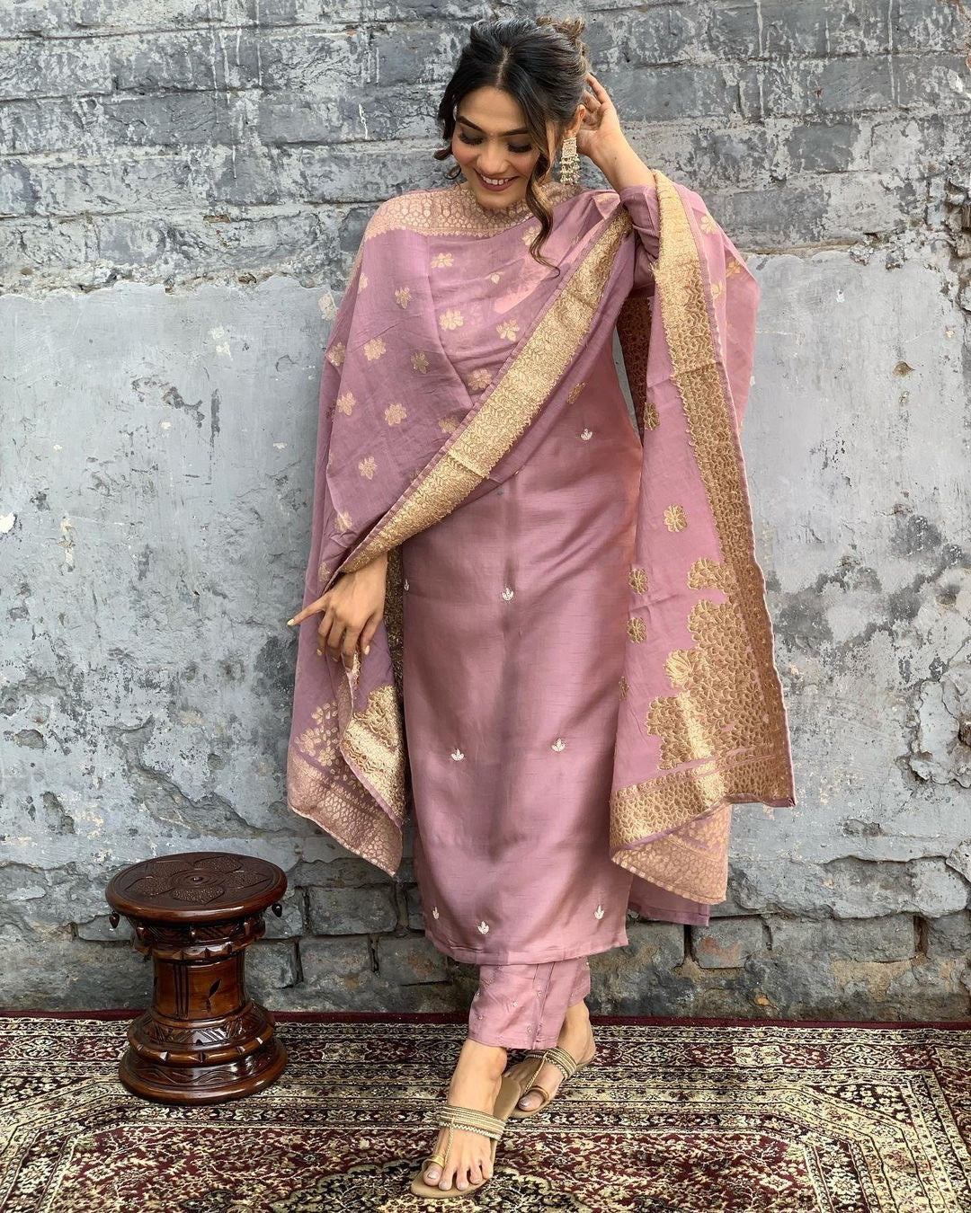 Women’s Viscose Chanderi Kurti Set with Embroidered Jacquard Dupatta & Pant – Full Sleeves, Designer Round Neck