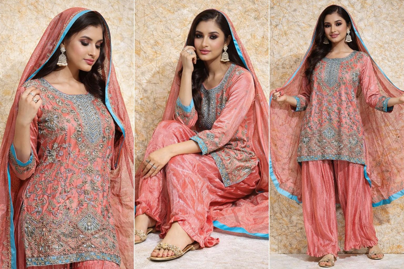 Women’s Peach Embroidered Chinnon Kurta Sharara Set with Dupatta | Fully Stitched Ethnic Wear | Festive & Party Outfit