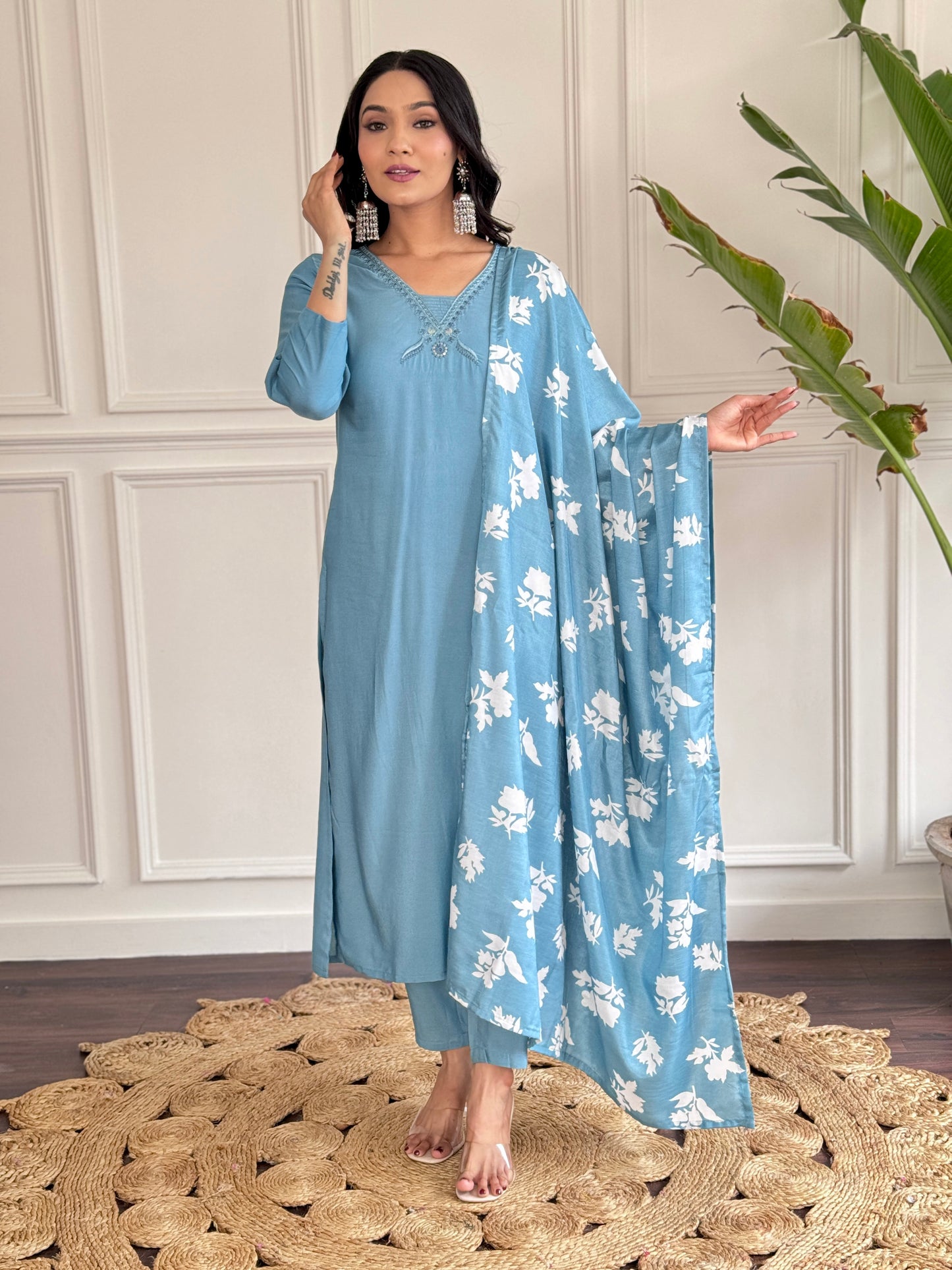 Designer Viscose Chanderi Embroidered Suit with Silk Dupatta