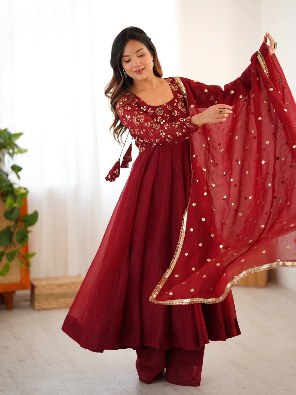 Premium Women’s Ethnic Wear Crunchy Silk Gown Set with Embroidered Dupatta & Matching Pant