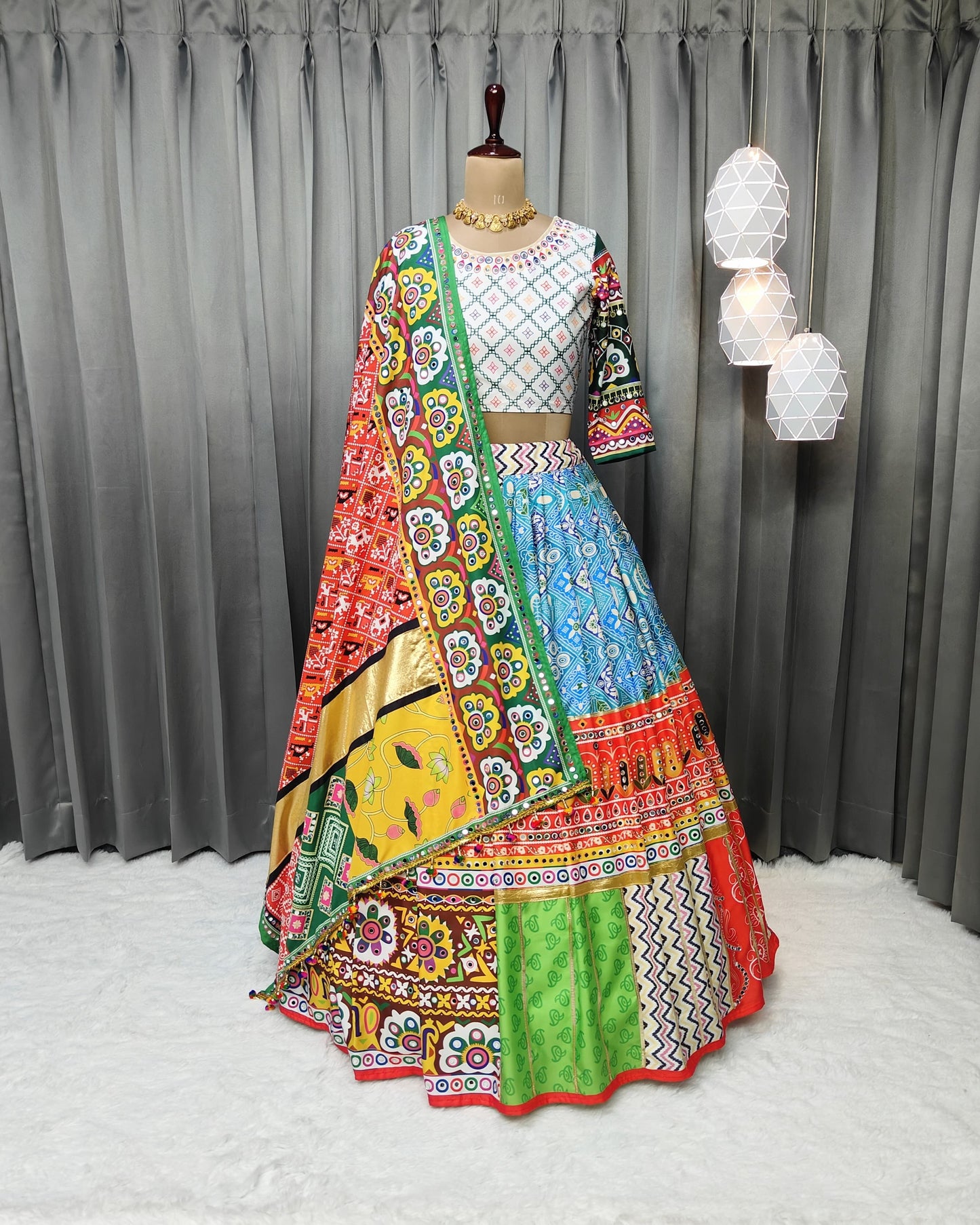 Twirl-Ready Butter Silk Lehenga for Navratri – Real Mirror & Print Work