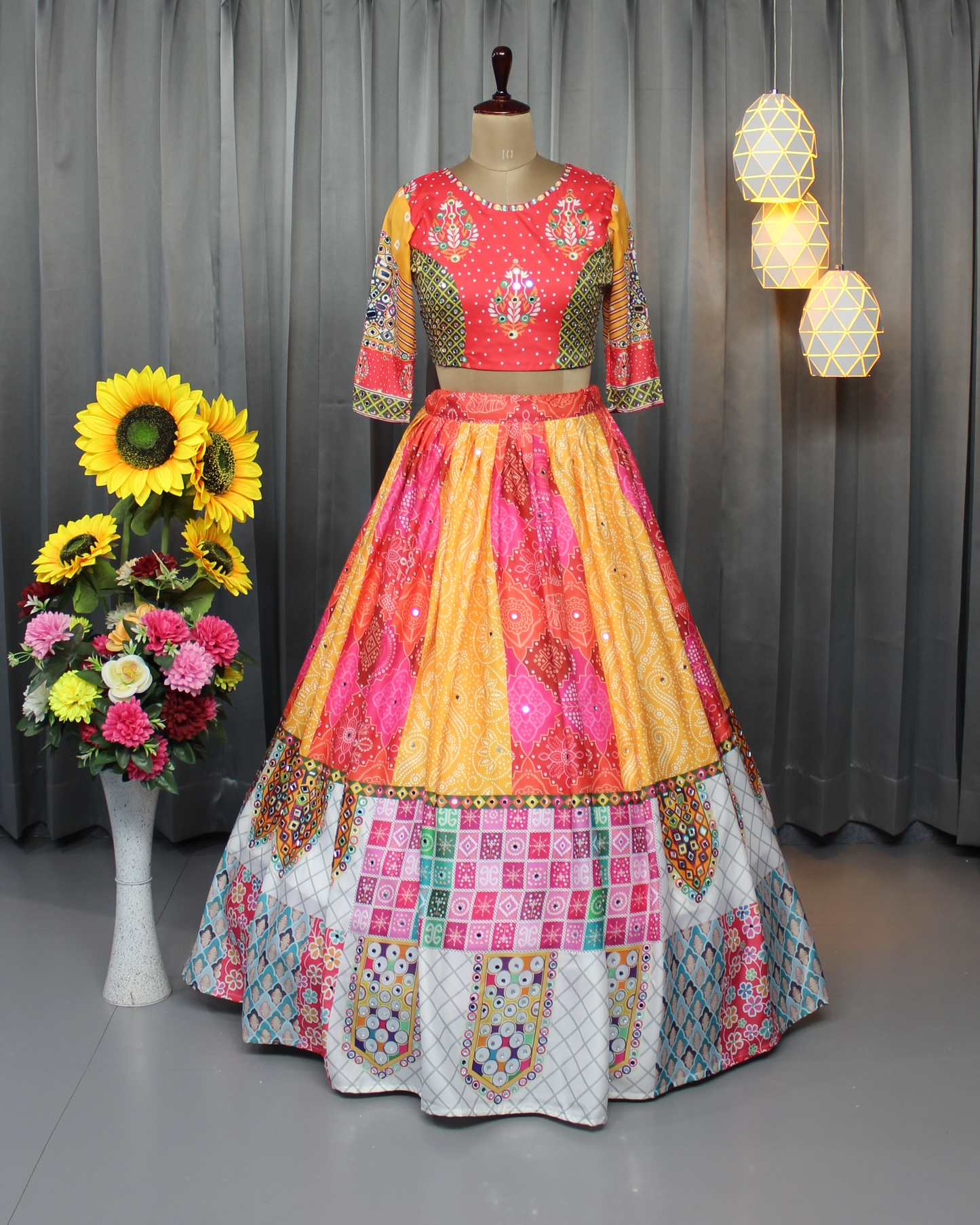 Stitched Butter Silk Lehenga Choli Set – Real Mirror Embellishments & Digital Print | Festive Wear