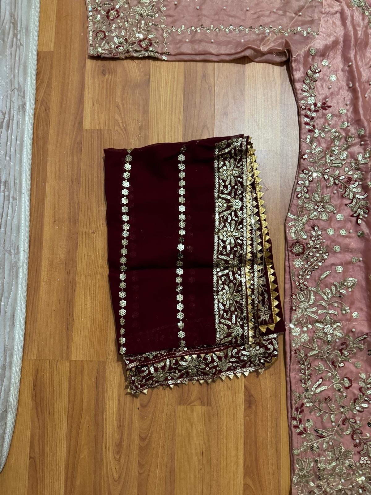 Women’s Rose Pink & Deep Maroon Chinnon Embroidered Kurta Sharara Set with Dupatta | Fully Stitched Festive Wear