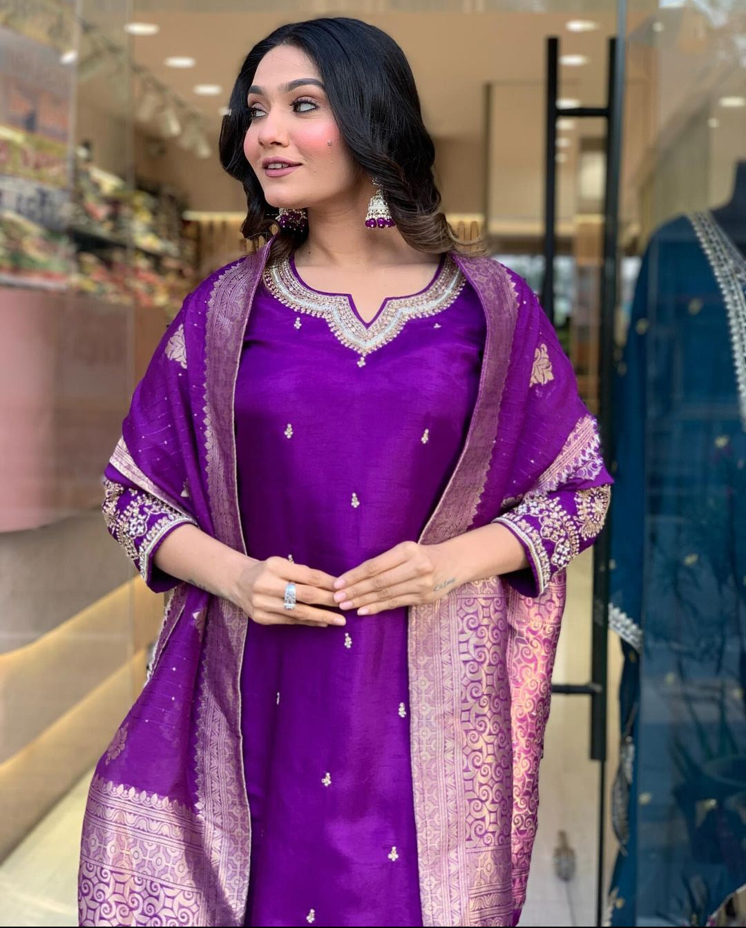 Designer Chanderi Kurti Set with Embroidery & Jacquard Dupatta