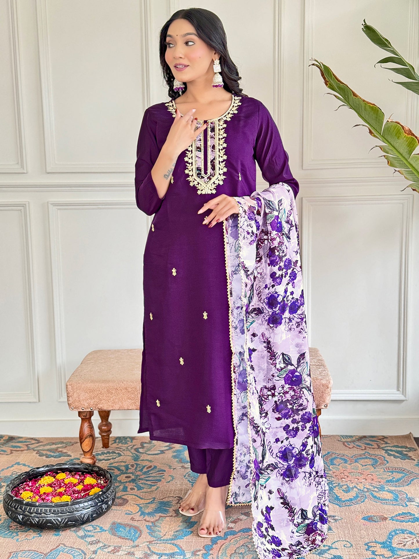 Elegant Chanderi Kurti Set with Embroidered Taby Dupatta & Pant – 3/4 Sleeve, Designer Round Neck