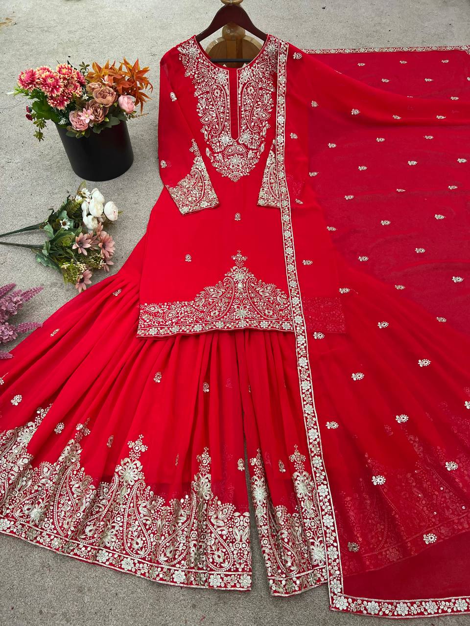 Designer Faux Georgette Sharara Set with Embroidered Dupatta | Fully Stitched Premium Ethnic Wear