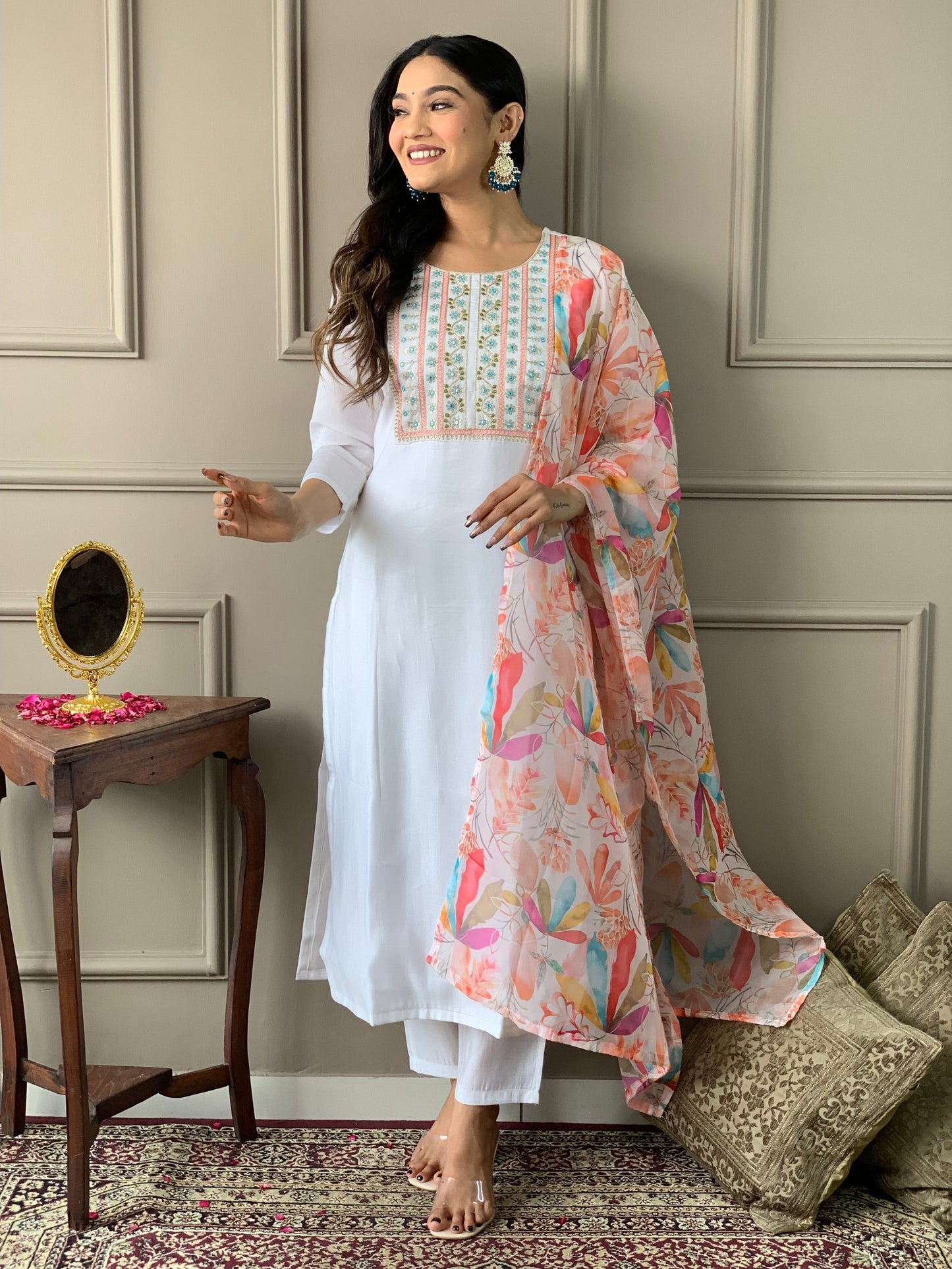 Minimalist White Embroidered Suit Set with Chanderi Fabric & Teby Dupatta