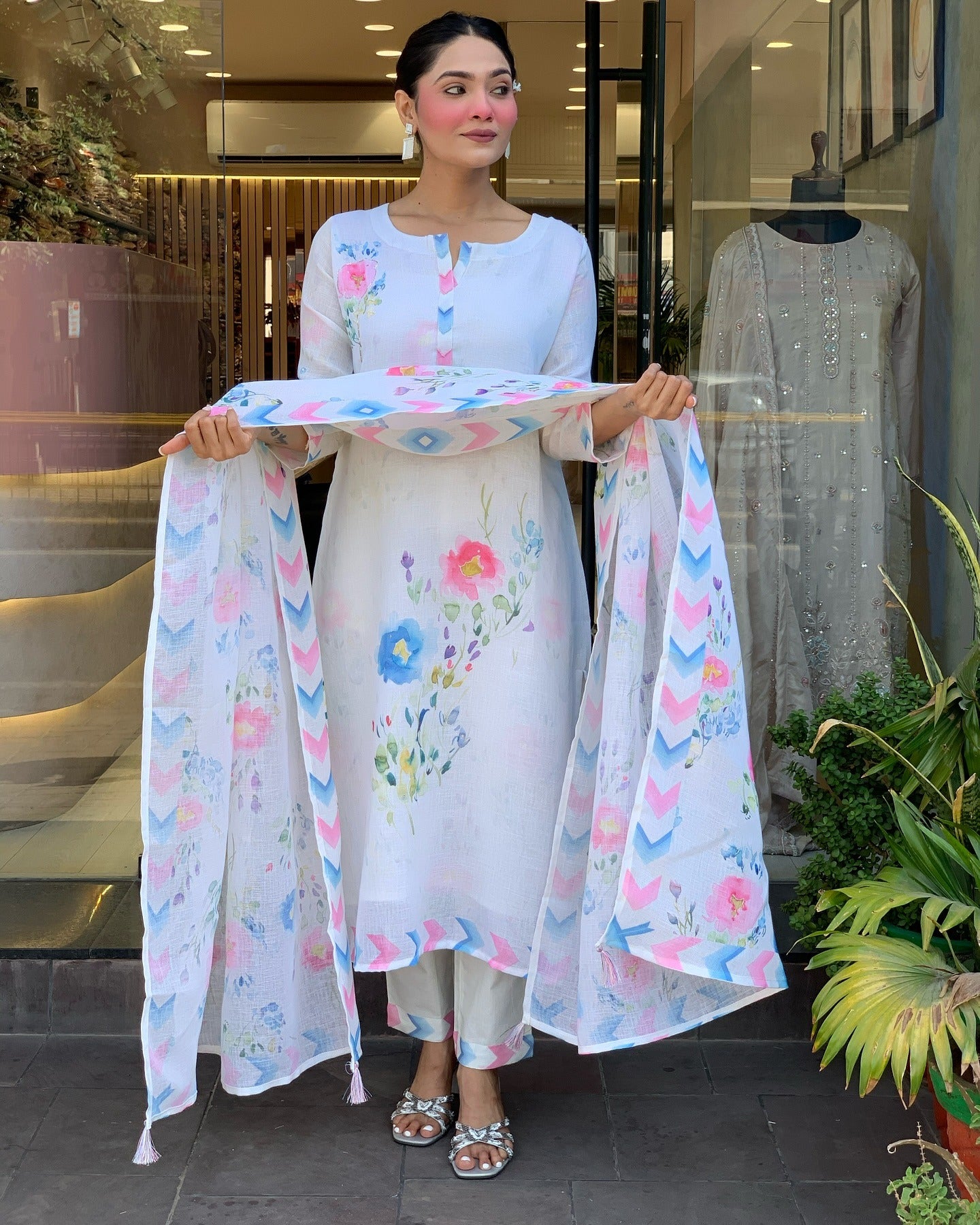 Women's Pure Linen Embroidered Kurta with Pant & Dupatta | Premium Readymade 3-Piece Suit Set | Elegant & Breathable Ethnic Wear for Summer, Office, and Semi-Formal Occasions