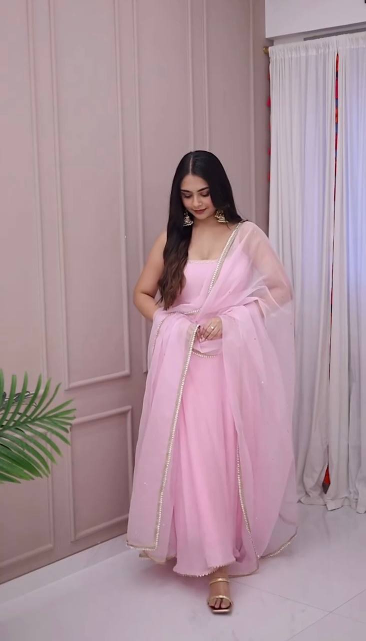 Elegant Faux Georgette Gown Set with Embroidered Dupatta & Matching Pant | Designer Fully Stitched Ethnic Wear