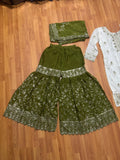 Women Olive Green Embroidered Sharara Suit Set | Short Kurti with Sharara & Dupatta | Party & Festive Wear