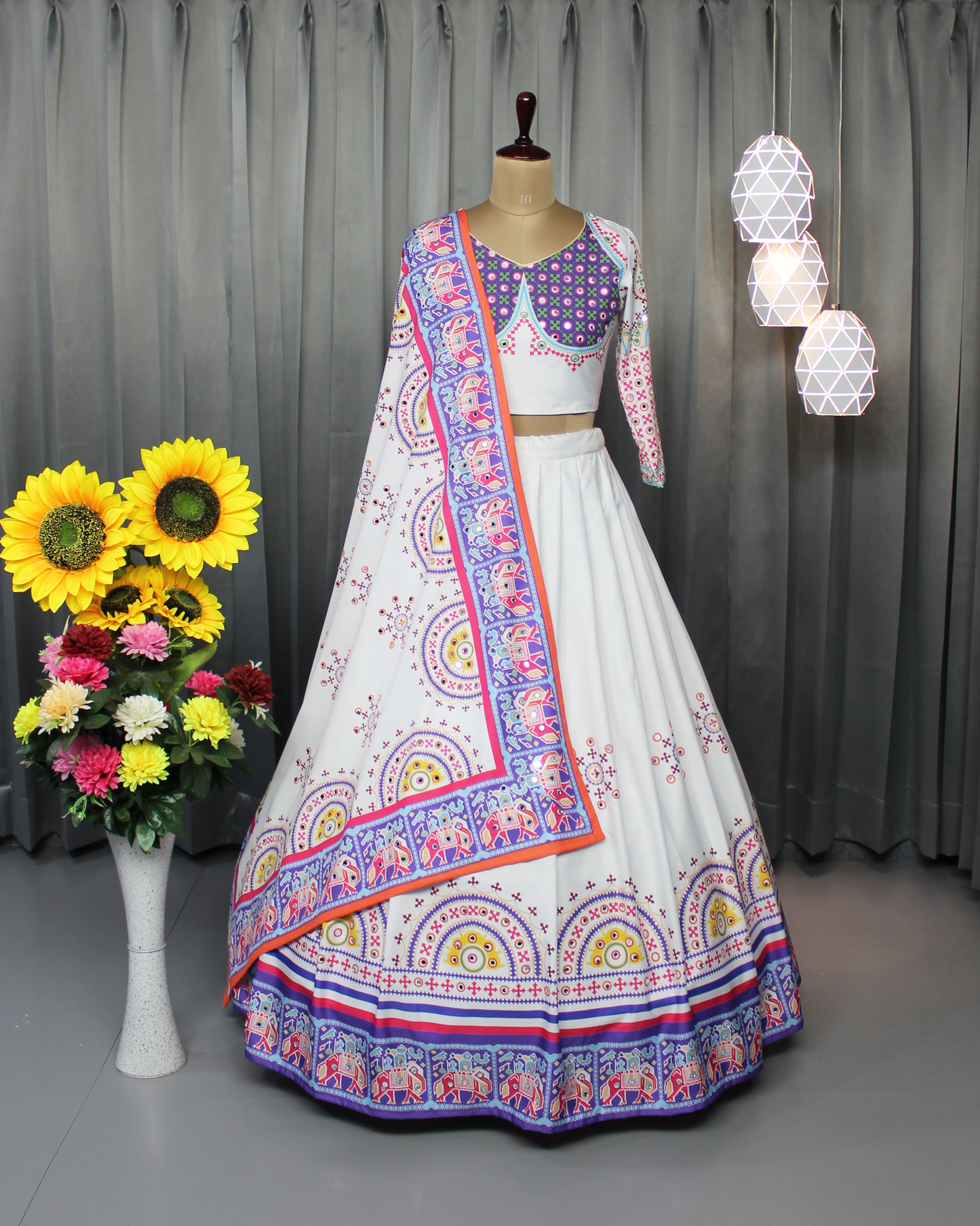 Butter Silk Lehenga Choli Set for Women – Stitched with Real Mirror & Fancy Print Work