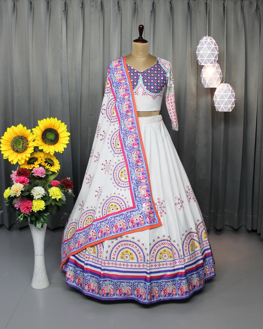 Butter Silk Lehenga Choli Set for Women – Stitched with Real Mirror & Fancy Print Work