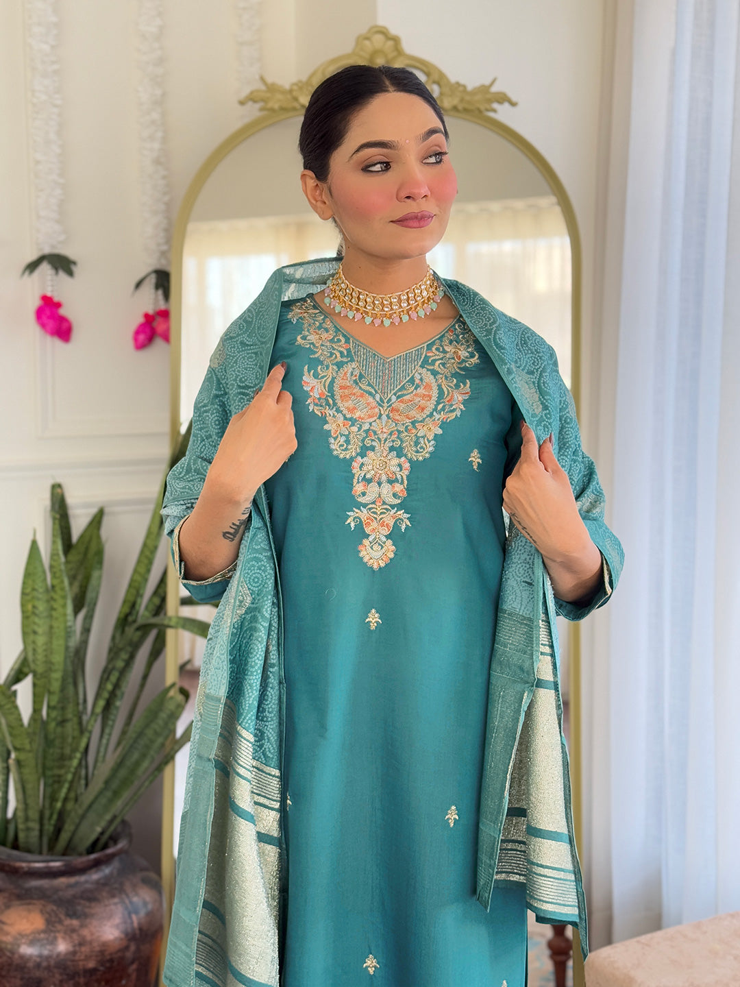 Women's Viscose Chanderi Embroidered Kurta with Pant & Nylon Jacquard Dupatta | Elegant Readymade 3-Piece Suit Set | Ethnic Wear for Festive, Semi-Formal & Daily Occasions