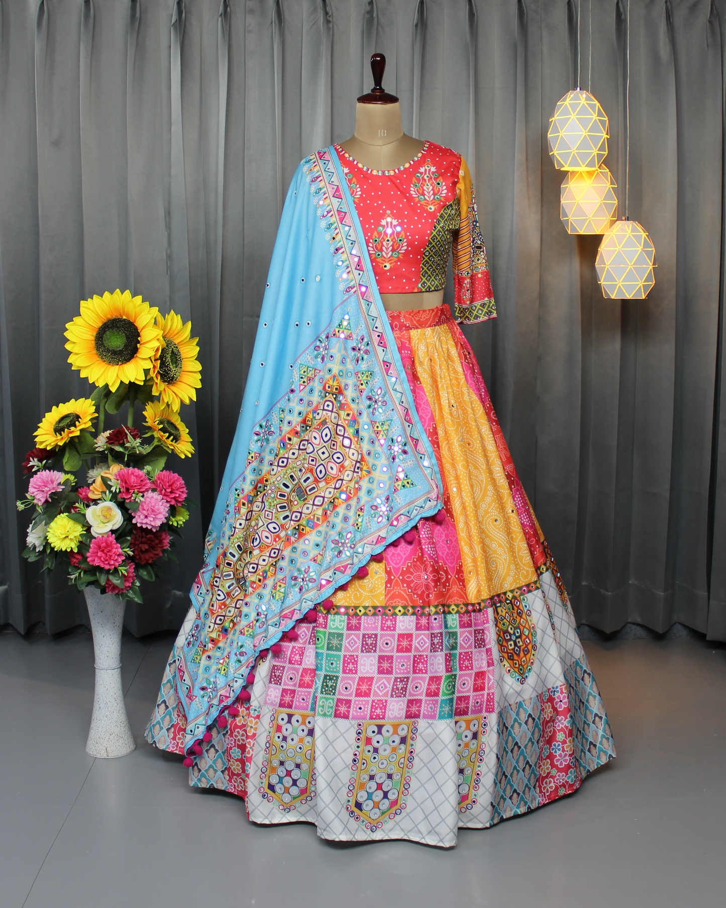 Stitched Butter Silk Lehenga Choli Set – Real Mirror Embellishments & Digital Print | Festive Wear