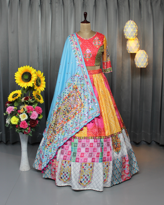 Stitched Butter Silk Lehenga Choli Set – Real Mirror Embellishments & Digital Print | Festive Wear