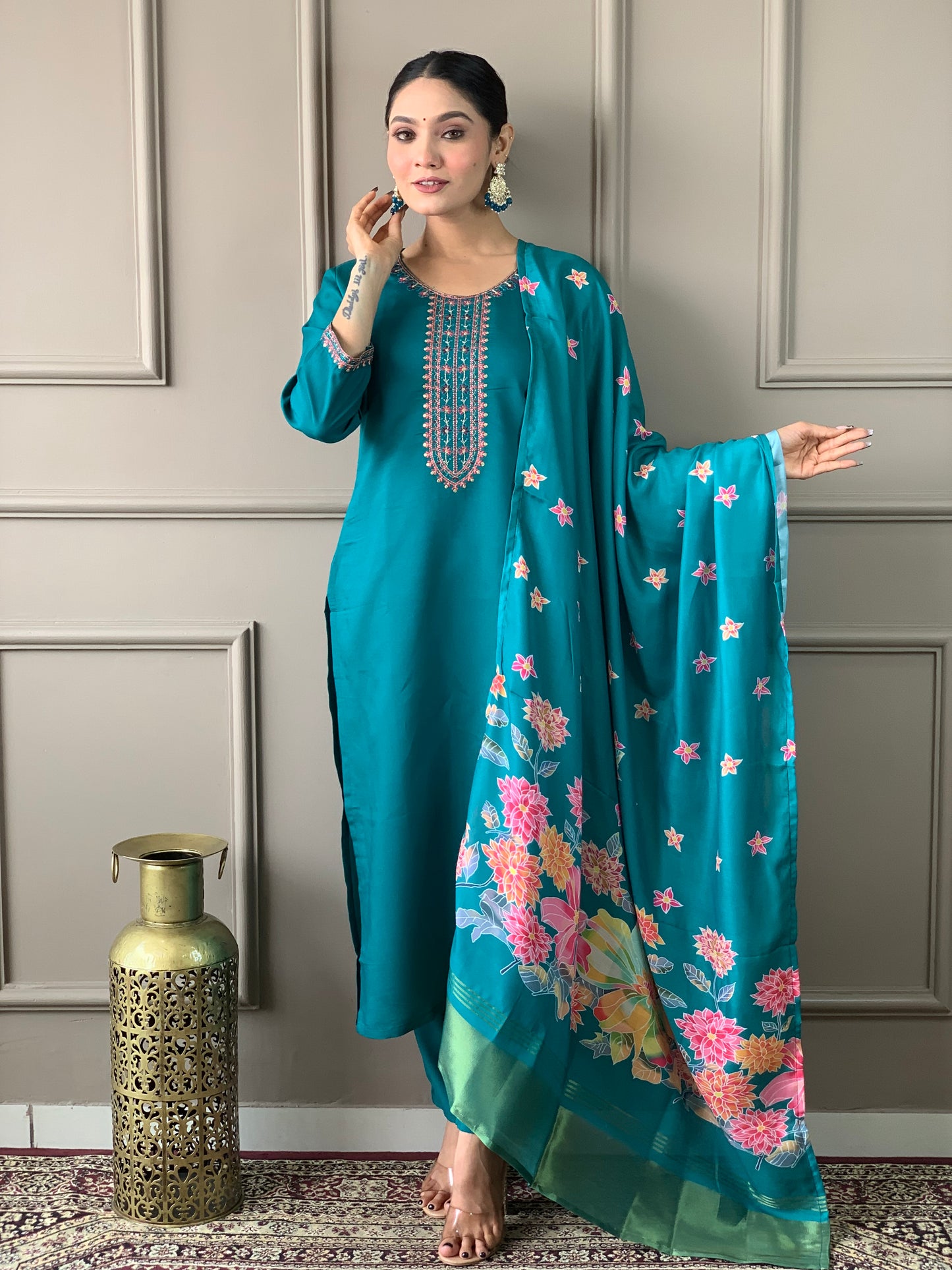 Stylish Viscose Chanderi Suit Set for Women – Round Neck & Embroidered Dupatta