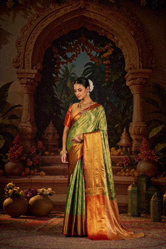 New Arrival Kanjivaram Silk Saree with Heavy Golden Zari Work | Traditional South Indian Style Saree for Festivals & Bridal Wear | Blouse Piece Included
