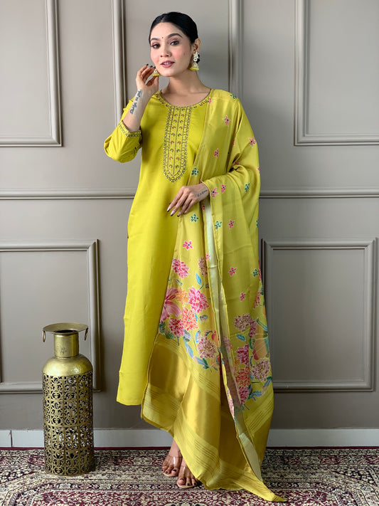 Stylish Viscose Chanderi Suit Set for Women – Round Neck & Embroidered Dupatta