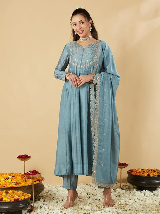 Vichitra Silk Traditional Suit Set with Coordinated Embroidery