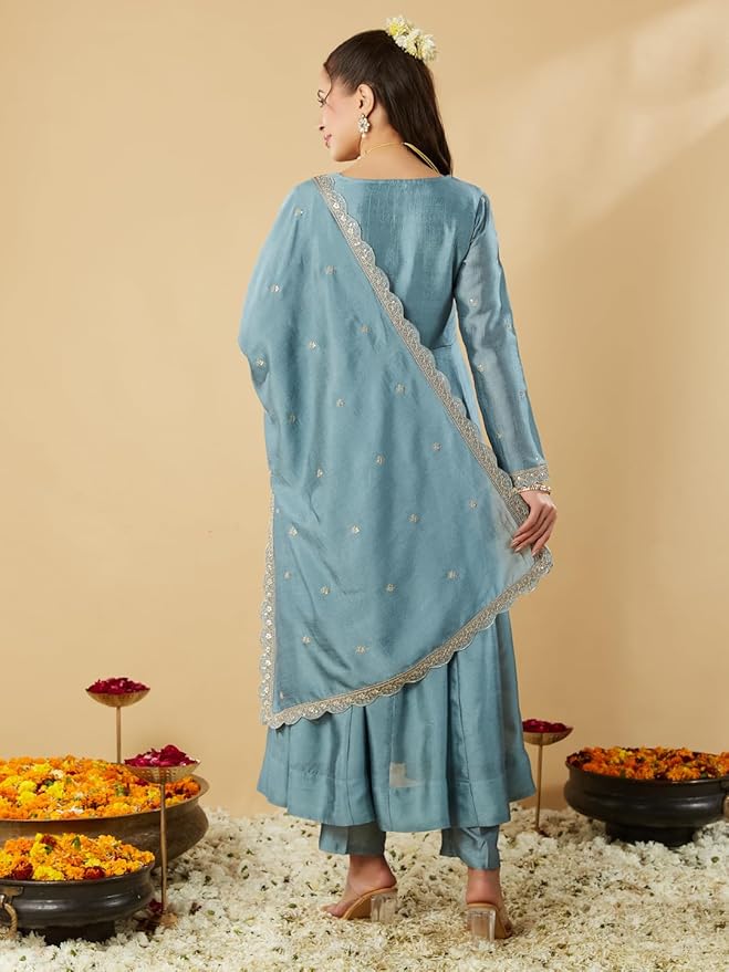 Vichitra Silk Traditional Suit Set with Coordinated Embroidery