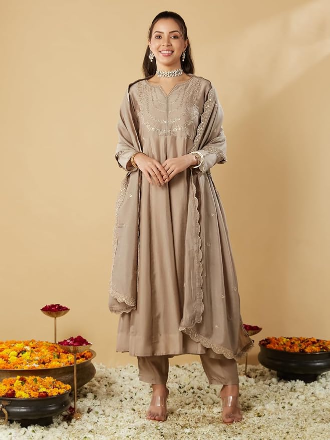 Vichitra Silk Traditional Suit Set with Coordinated Embroidery