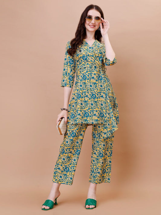 Stylish American Crepe Printed Co-ord Set for Women – Straight Kurti with Pants