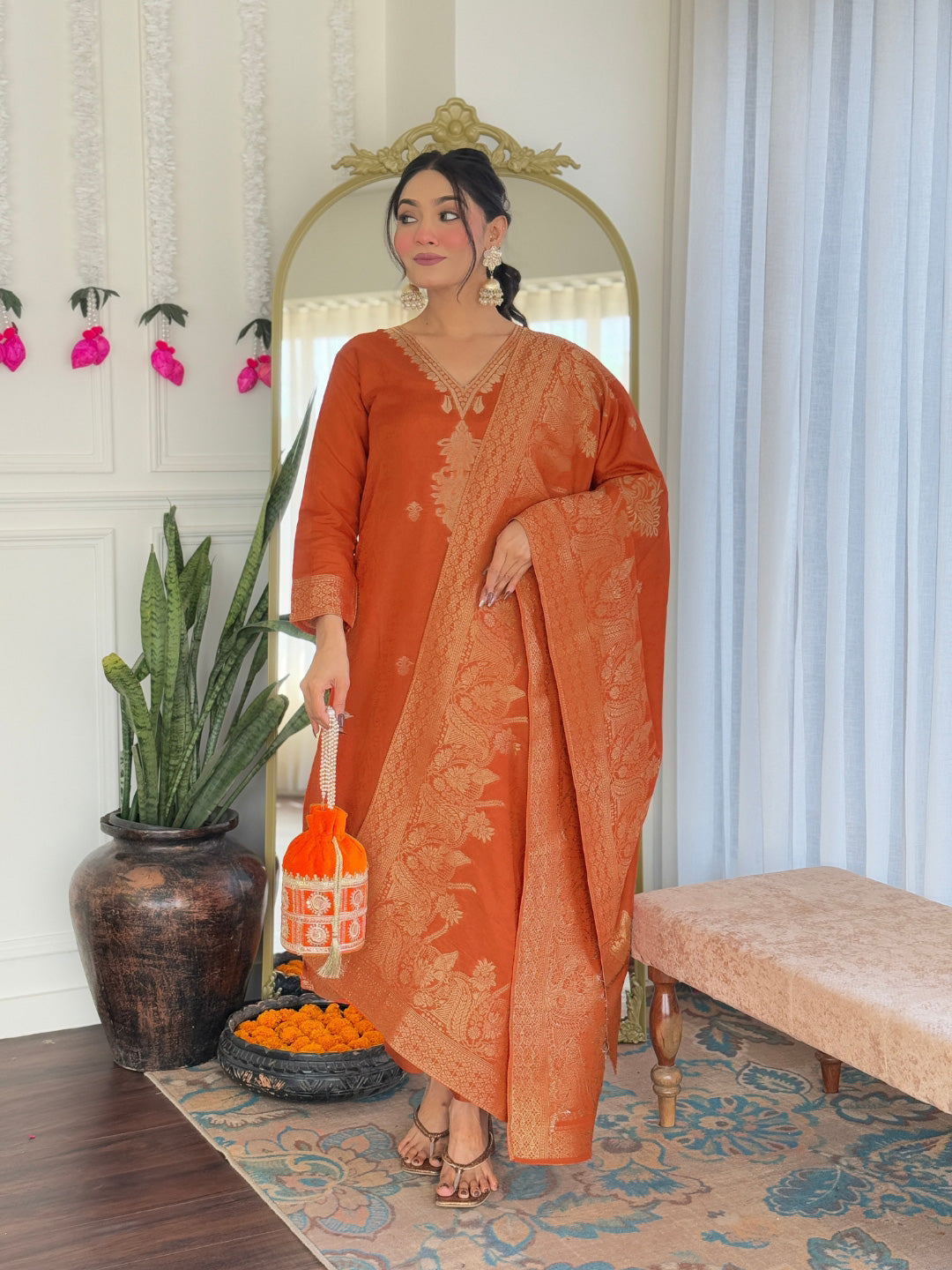 Viscose Jacquard Embroidered Kurti Set with PV Chanderi Pant & Jacquard Dupatta – Ready to Wear | Casual & Stylish