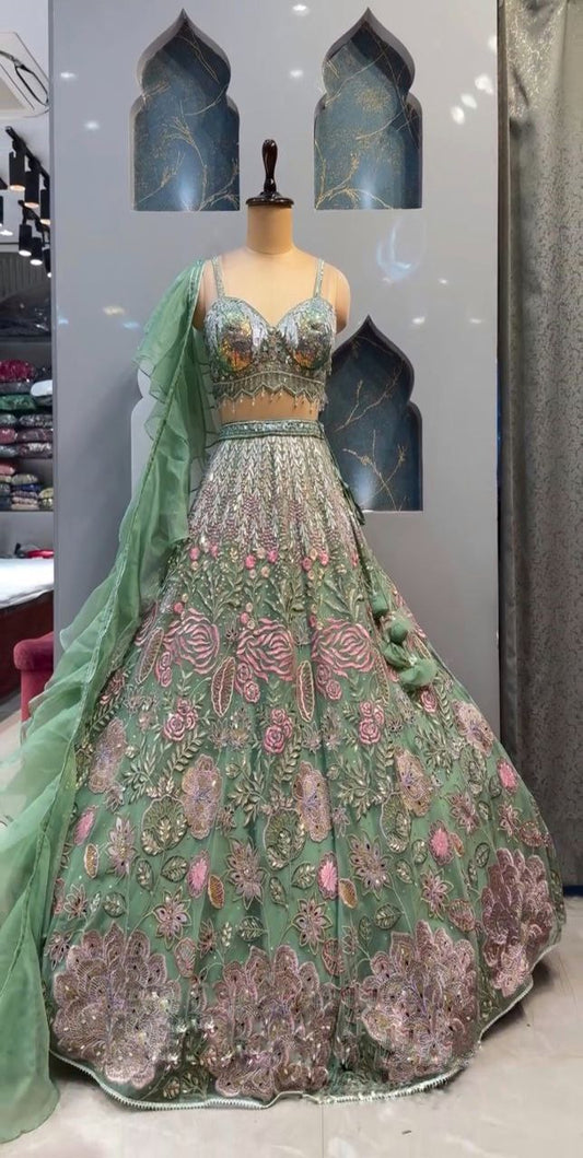 Designer Lehenga Choli in Premium Organza Silk, 4-Meter Flared Sequin Embroidered Lehenga with Cut Work Dupatta, Can-Can & Canvas Lining