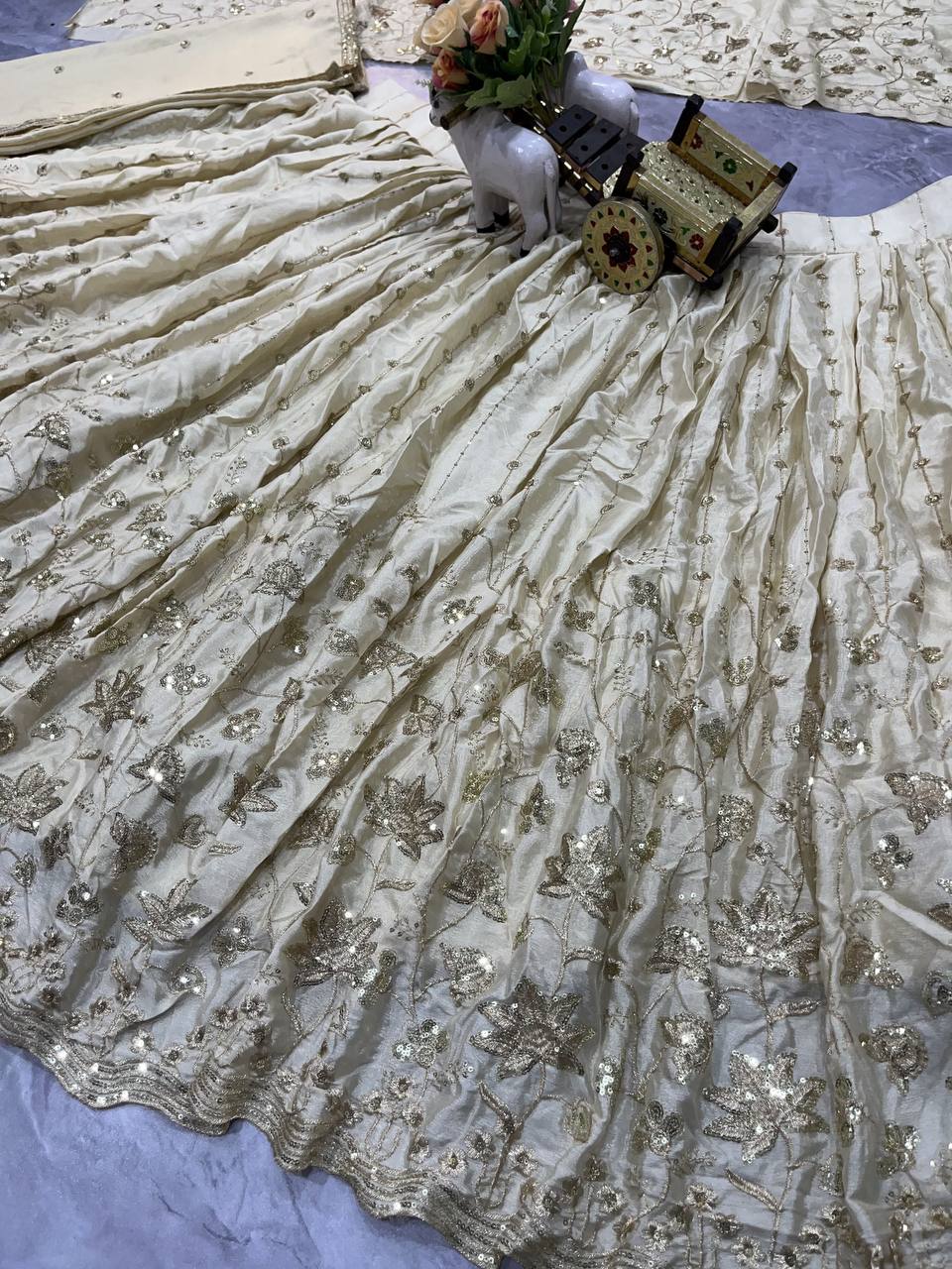 Latest New White Chinon Silk Embroidery Sequins Lehenga Choli For Women