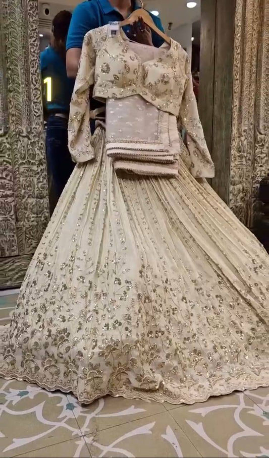 Latest New White Chinon Silk Embroidery Sequins Lehenga Choli For Women