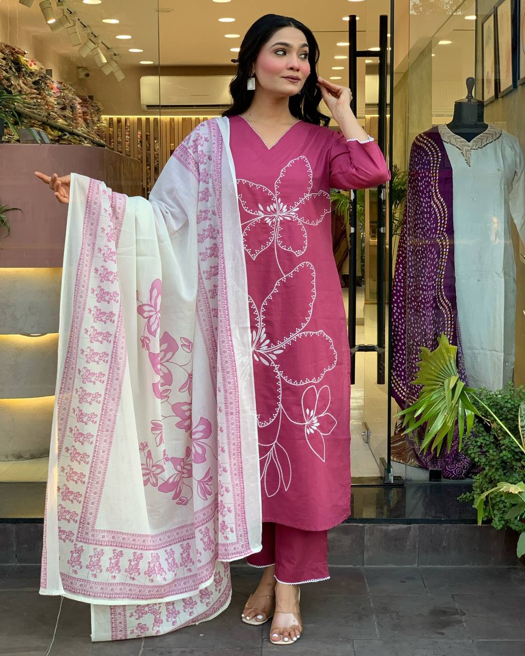 Latest Embroidered Viscose Chanderi Suit Set with Matching Chanderi Dupatta