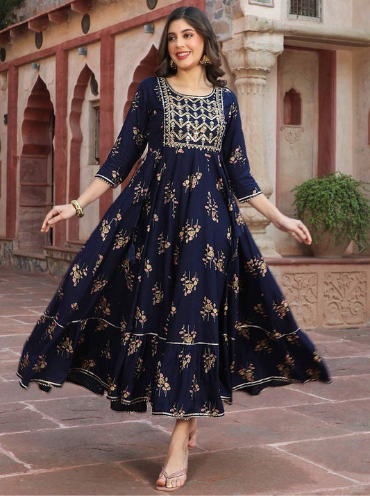Super Hit 14kg Reyon Gown with Embroidery & Foil Print | Festive Wear