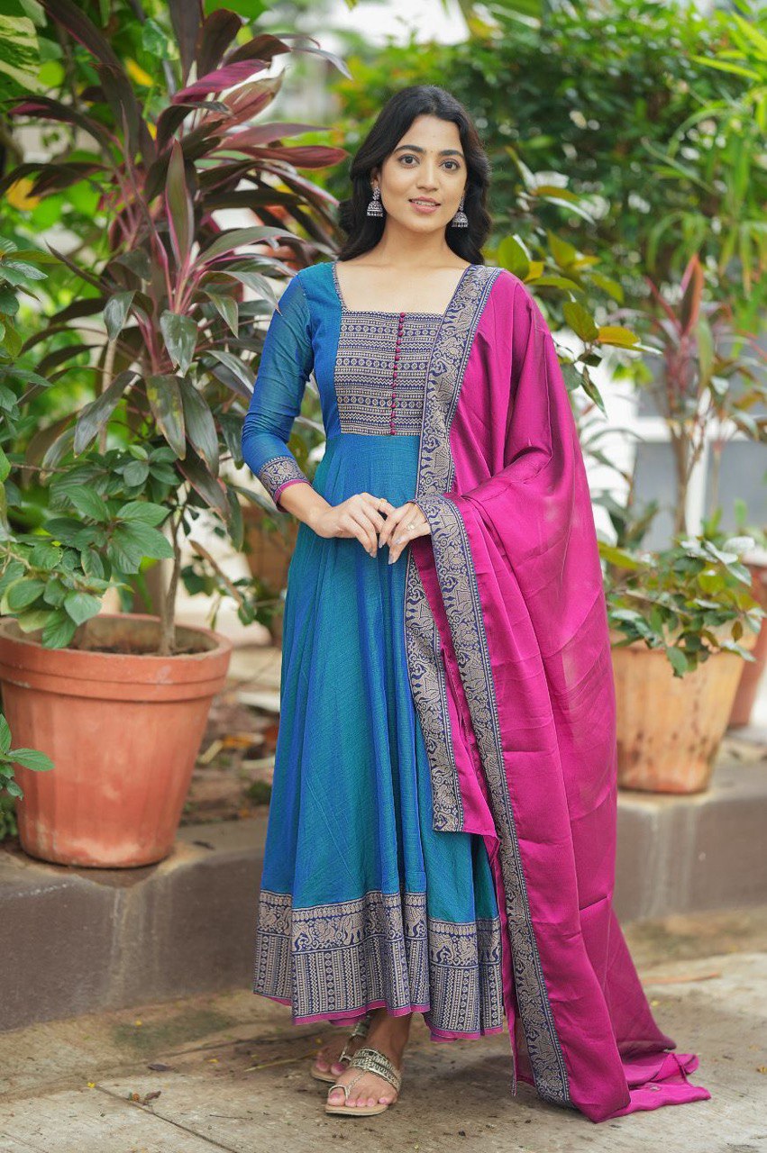 New Launch – Vichitra Silk Gown with Jacquard Zari Weaving | Elegant Ready-to-Wear Outfit