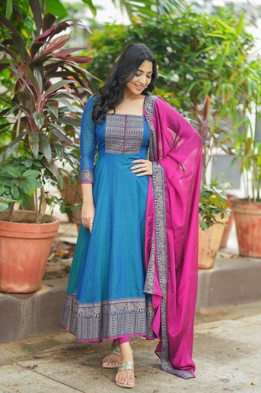 New Launch – Vichitra Silk Gown with Jacquard Zari Weaving | Elegant Ready-to-Wear Outfit