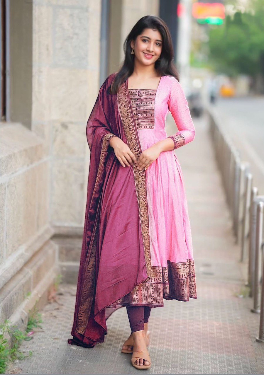 New Launch – Vichitra Silk Gown with Jacquard Zari Weaving | Elegant Ready-to-Wear Outfit