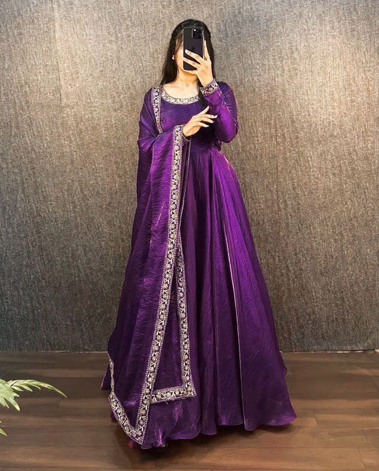 New Launch – Elegant Fendy Silk Embroidered Gown with Matching Dupatta | Ready to Wear