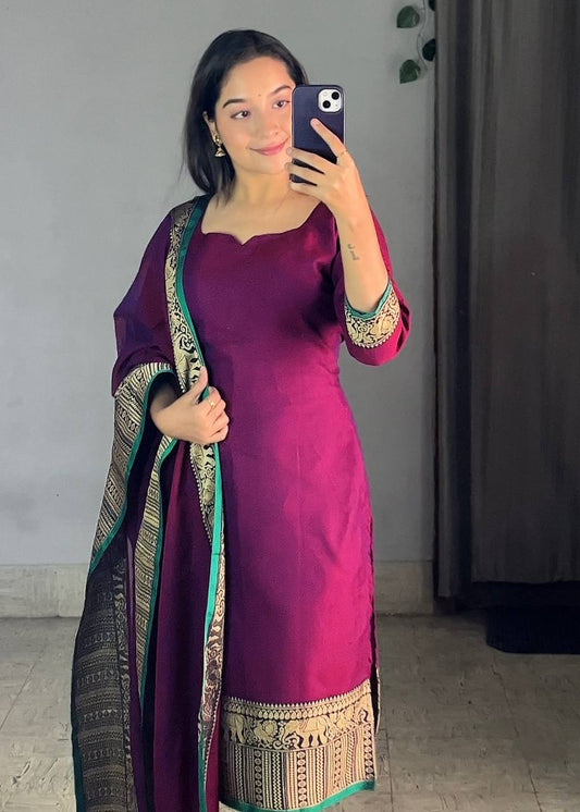 New Vichitra Silk Kurti with Jacquard Zari Weaving & Matching Dupatta