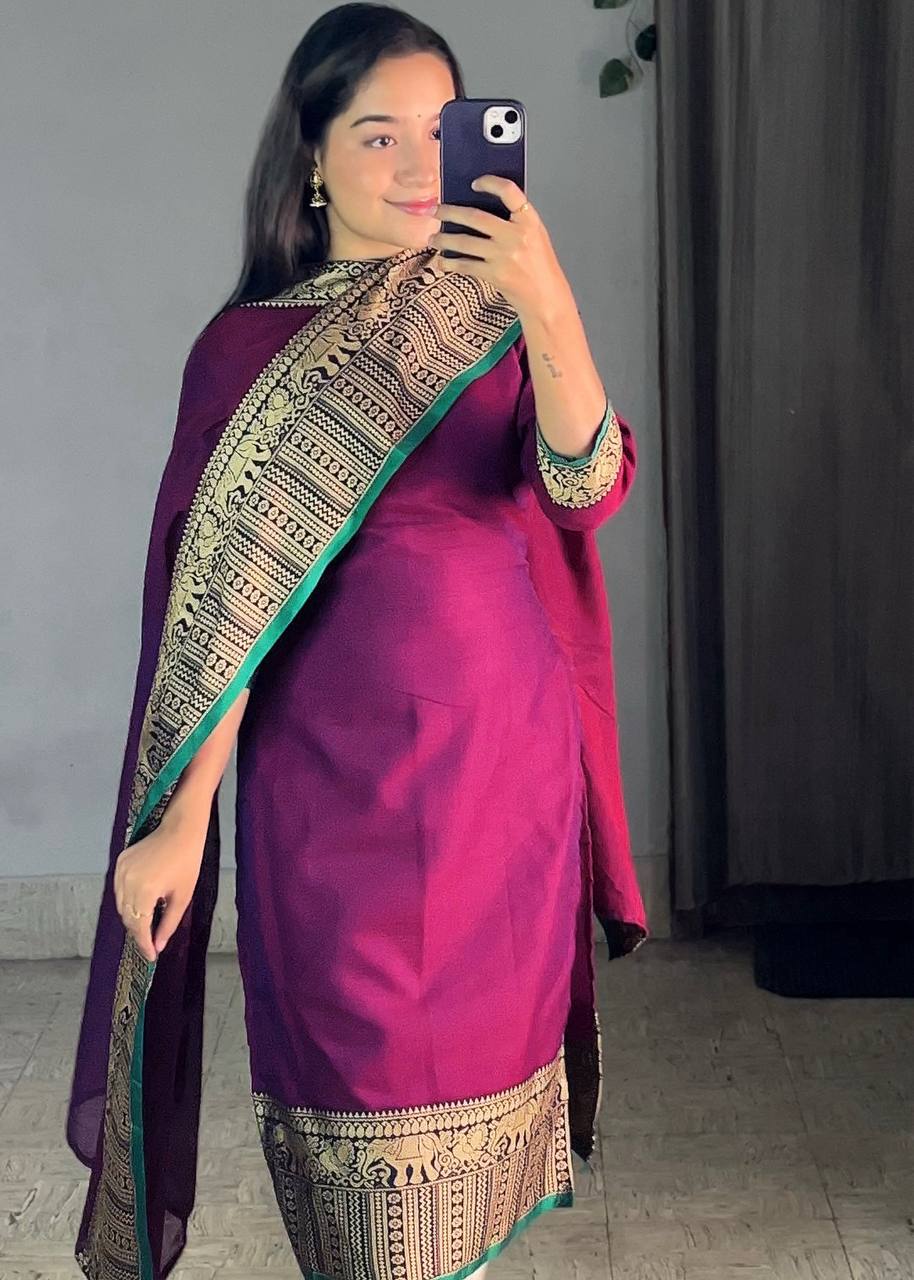 New Vichitra Silk Kurti with Jacquard Zari Weaving & Matching Dupatta